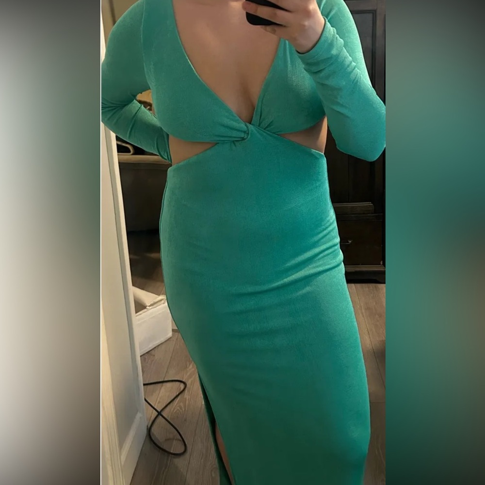 Peppermayo Green Twist-Front Long Sleeve Cutout Dress